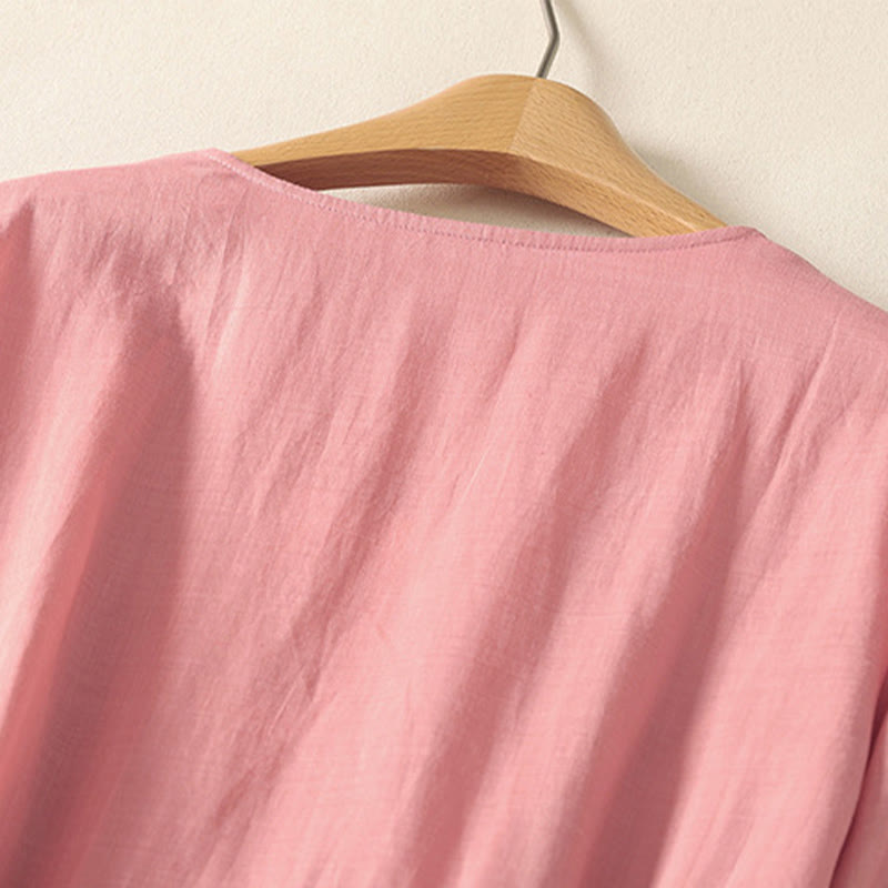 Vestido midi de lino y algodón con pliegues, de verano, de manga corta y con cordones, para mujer, con bolsillos, de Buddha Stones - image 3