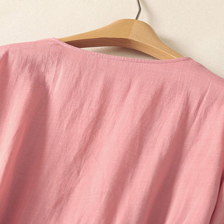 Vestido midi de lino y algodón con pliegues, de verano, de manga corta y con cordones, para mujer, con bolsillos, de Buddha Stones - image 3