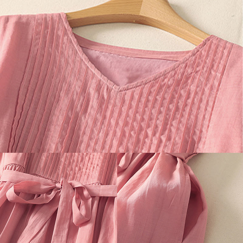 Vestido midi de lino y algodón con pliegues, de verano, de manga corta y con cordones, para mujer, con bolsillos, de Buddha Stones - image 7