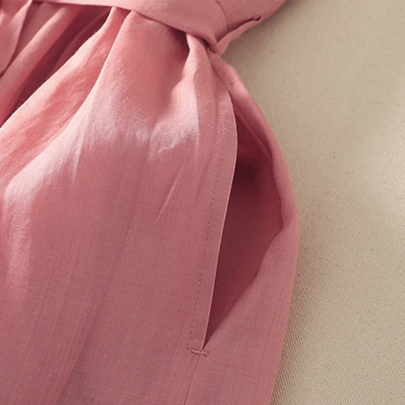 Vestido midi de lino y algodón con pliegues, de verano, de manga corta y con cordones, para mujer, con bolsillos, de Buddha Stones - image 4