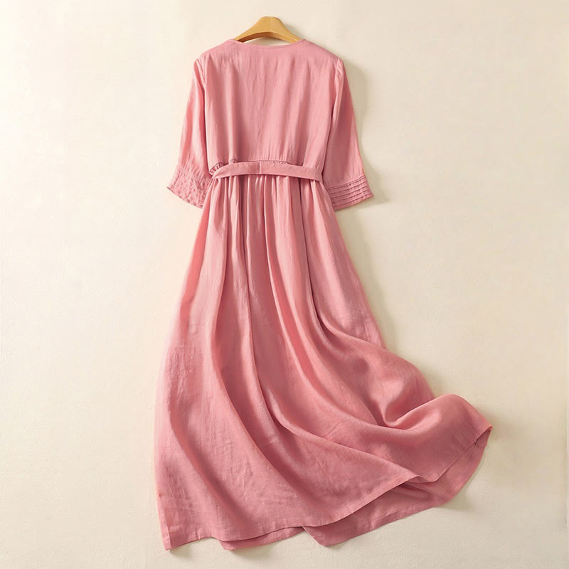 Vestido midi de lino y algodón con pliegues, de verano, de manga corta y con cordones, para mujer, con bolsillos, de Buddha Stones - image 1