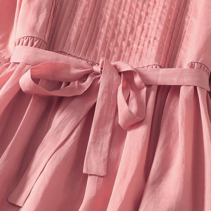 Vestido midi de lino y algodón con pliegues, de verano, de manga corta y con cordones, para mujer, con bolsillos, de Buddha Stones - image 5