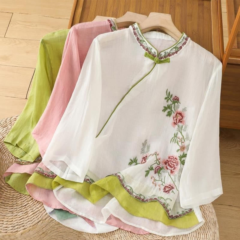 Camisa de lino y algodón para mujer, manga tres cuartos, estilo Buddha Stones de verano, con bordado de flores y botones de rana a juego. - image 17