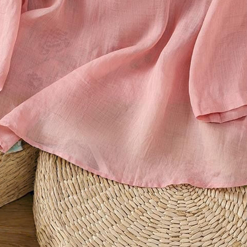 Camisa de lino y algodón para mujer, manga tres cuartos, estilo Buddha Stones de verano, con bordado de flores y botones de rana a juego. - image 10