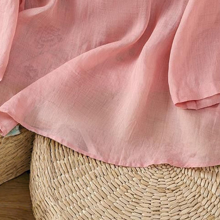 Camisa de lino y algodón para mujer, manga tres cuartos, estilo Buddha Stones de verano, con bordado de flores y botones de rana a juego. - image 10