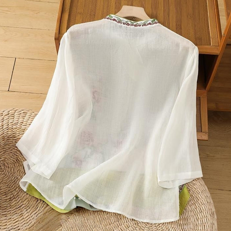 Camisa de lino y algodón para mujer, manga tres cuartos, estilo Buddha Stones de verano, con bordado de flores y botones de rana a juego. - image 1