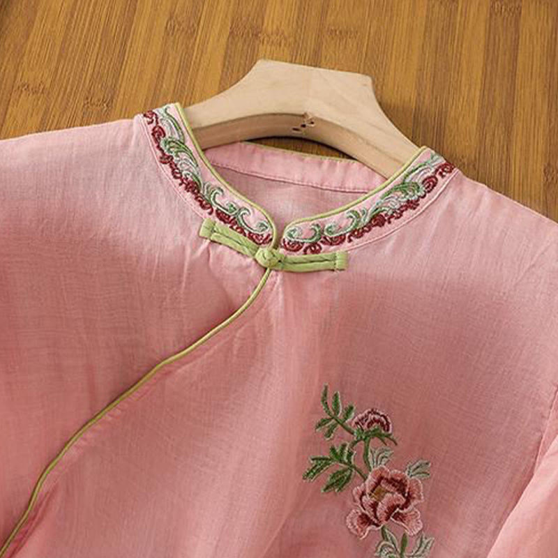 Camisa de lino y algodón para mujer, manga tres cuartos, estilo Buddha Stones de verano, con bordado de flores y botones de rana a juego. - image 5