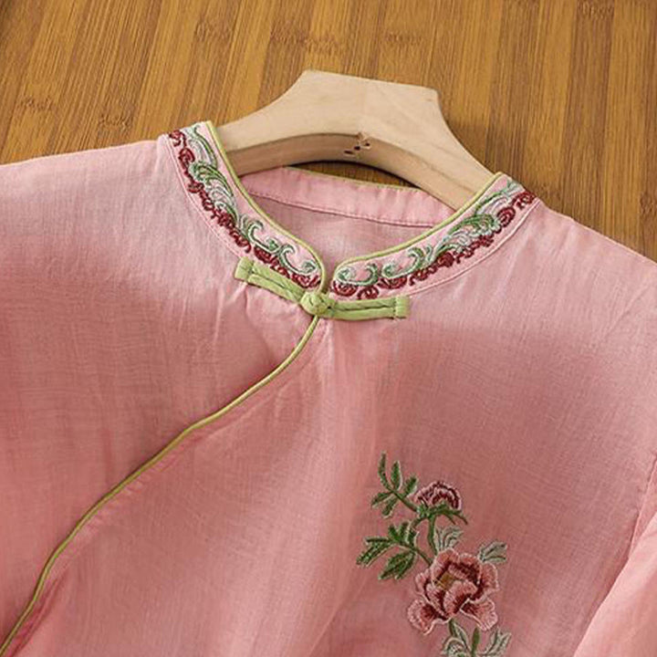 Camisa de lino y algodón para mujer, manga tres cuartos, estilo Buddha Stones de verano, con bordado de flores y botones de rana a juego. - image 5