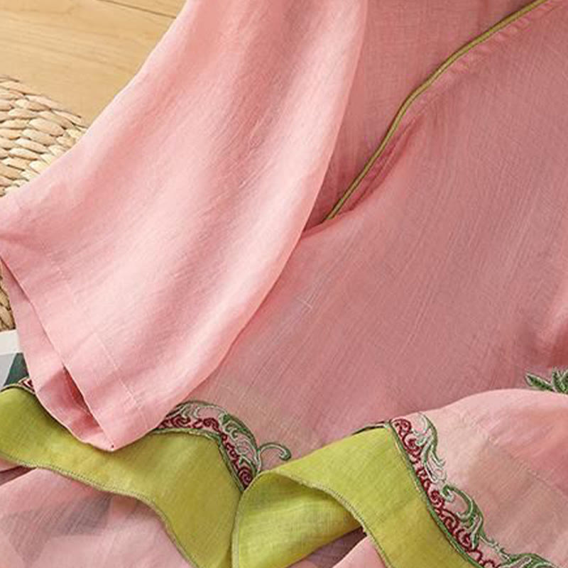 Camisa de lino y algodón para mujer, manga tres cuartos, estilo Buddha Stones de verano, con bordado de flores y botones de rana a juego. - image 9