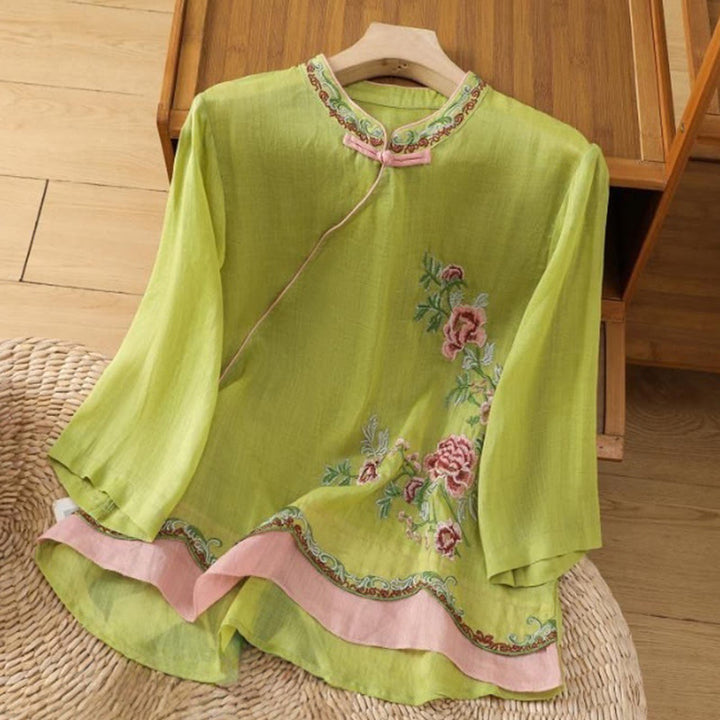 Camisa de lino y algodón para mujer, manga tres cuartos, estilo Buddha Stones de verano, con bordado de flores y botones de rana a juego. - Verde amarillento - US8-10，UK/AU12-14，EU40-42 (2XL) - image 12