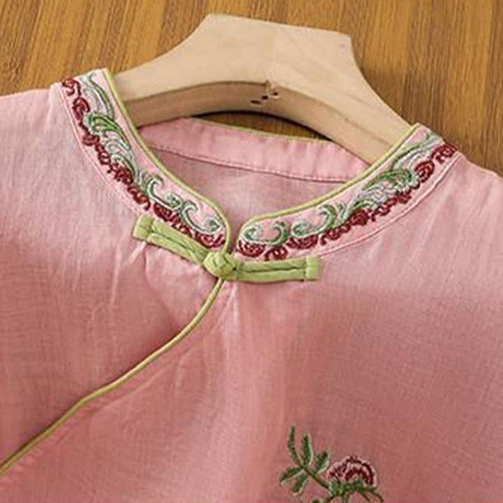 Camisa de lino y algodón para mujer, manga tres cuartos, estilo Buddha Stones de verano, con bordado de flores y botones de rana a juego. - image 6