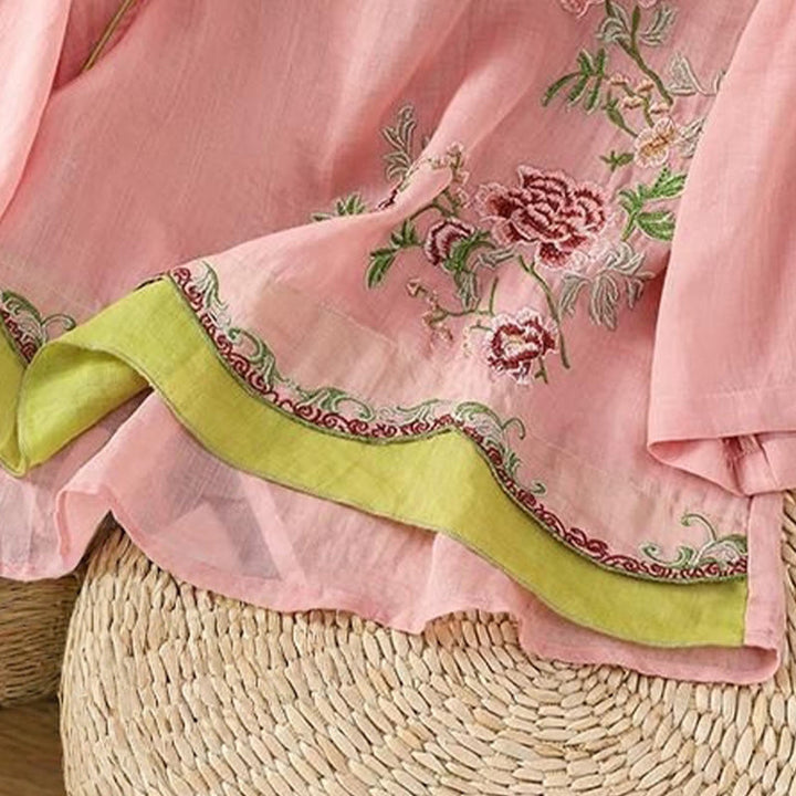 Camisa de lino y algodón para mujer, manga tres cuartos, estilo Buddha Stones de verano, con bordado de flores y botones de rana a juego. - image 8