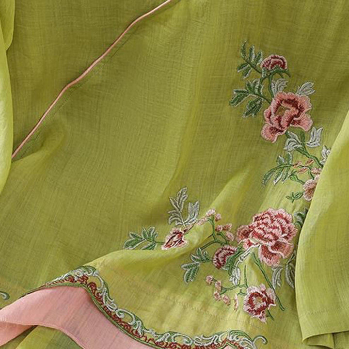 Camisa de lino y algodón para mujer, manga tres cuartos, estilo Buddha Stones de verano, con bordado de flores y botones de rana a juego. - image 14