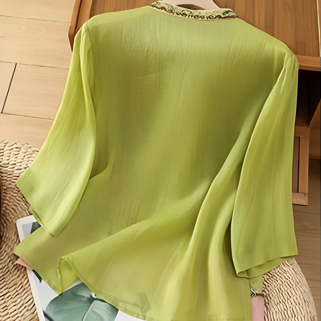 Camisa de lino y algodón para mujer, manga tres cuartos, estilo Buddha Stones de verano, con bordado de flores y botones de rana a juego. - image 13