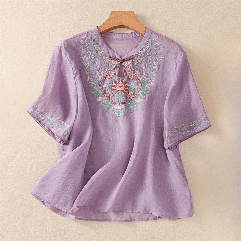 Camisa de lino y algodón para mujer, manga corta, informal, con bordado retro de Buddha Stones y diseño de botones de rana - Orquídea mediana - US12, UK/AU16, EU44 (4XL) - image 0