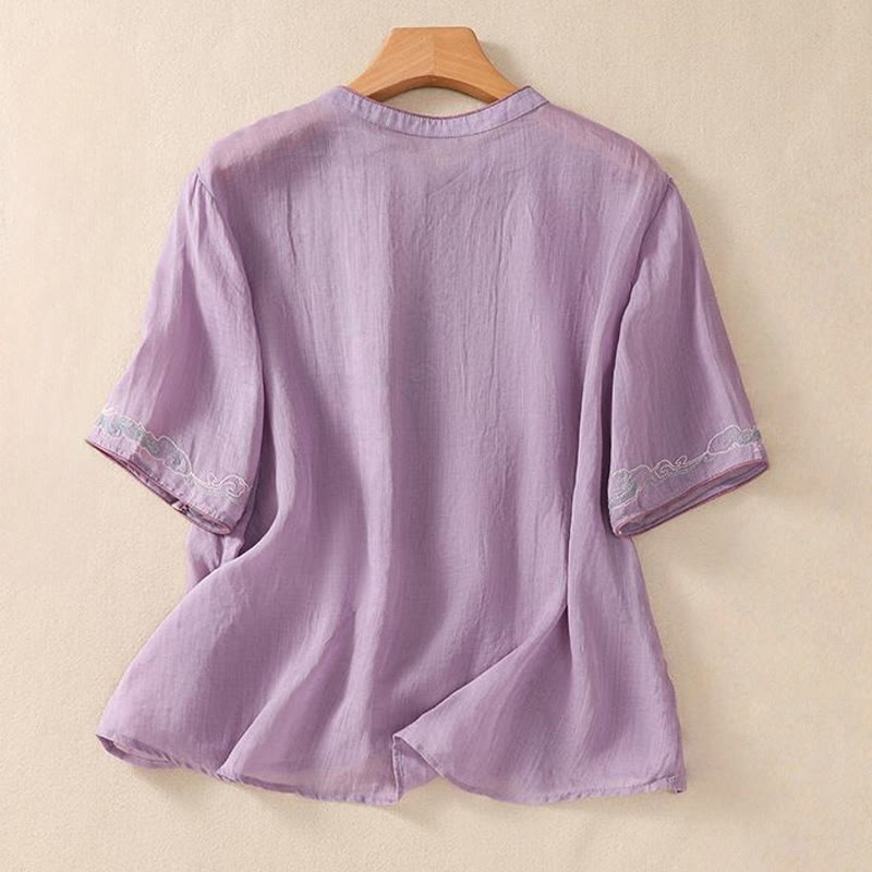 Camisa de lino y algodón para mujer, manga corta, informal, con bordado retro de Buddha Stones y diseño de botones de rana - image 1
