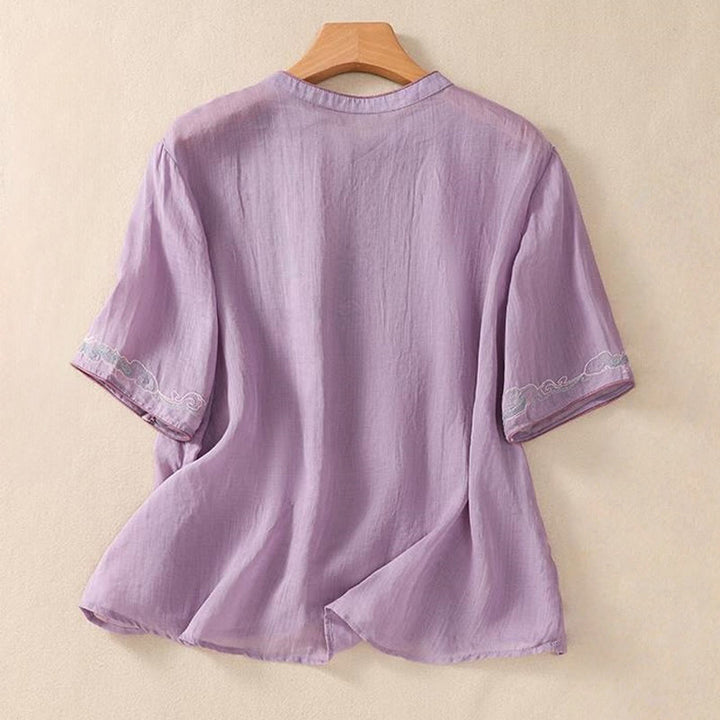 Camisa de lino y algodón para mujer, manga corta, informal, con bordado retro de Buddha Stones y diseño de botones de rana - image 1