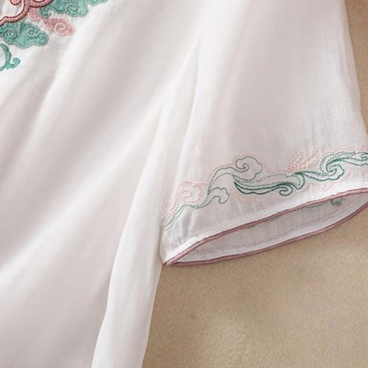 Camisa de lino y algodón para mujer, manga corta, informal, con bordado retro de Buddha Stones y diseño de botones de rana - image 14