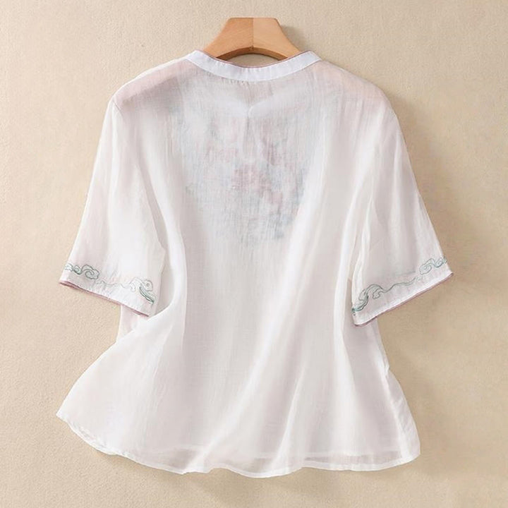 Camisa de lino y algodón para mujer, manga corta, informal, con bordado retro de Buddha Stones y diseño de botones de rana - image 13