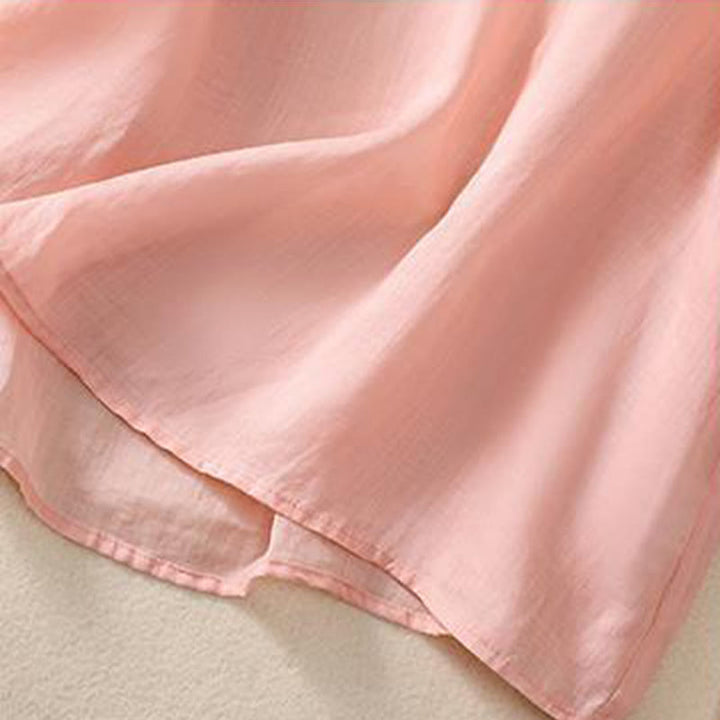 Camisa de lino y algodón para mujer, manga corta, informal, con bordado retro de Buddha Stones y diseño de botones de rana - image 9