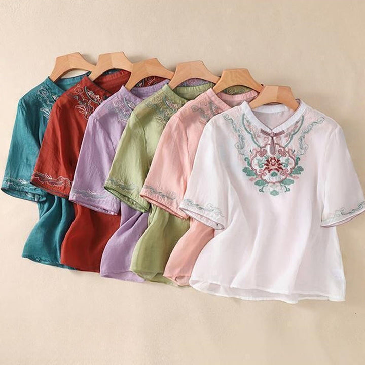 Camisa de lino y algodón para mujer, manga corta, informal, con bordado retro de Buddha Stones y diseño de botones de rana - image 19