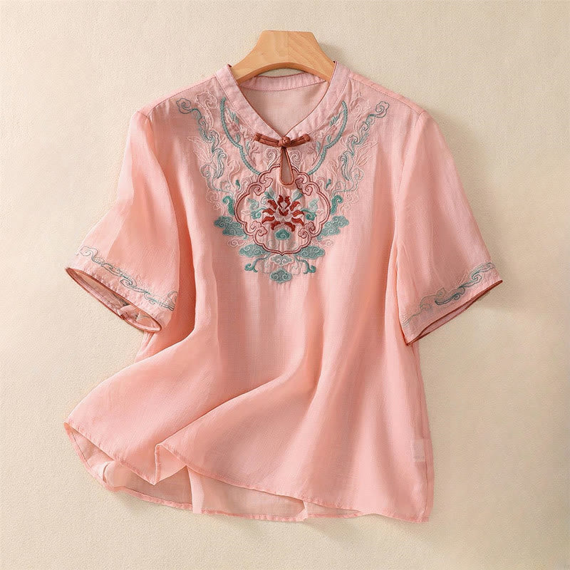 Camisa de lino y algodón para mujer, manga corta, informal, con bordado retro de Buddha Stones y diseño de botones de rana - Salmón claro - US12, UK/AU16, EU44 (4XL) - image 5