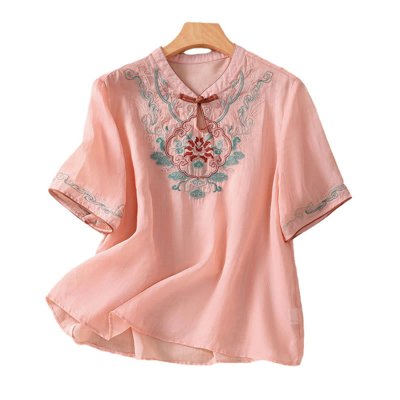 Camisa de lino y algodón para mujer, manga corta, informal, con bordado retro de Buddha Stones y diseño de botones de rana - image 11
