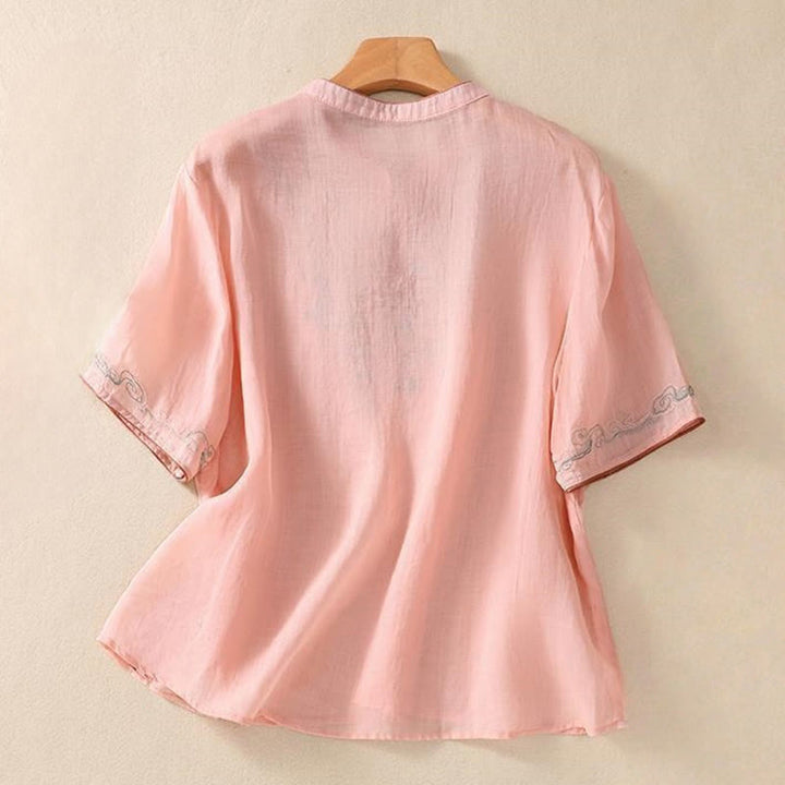 Camisa de lino y algodón para mujer, manga corta, informal, con bordado retro de Buddha Stones y diseño de botones de rana - image 6