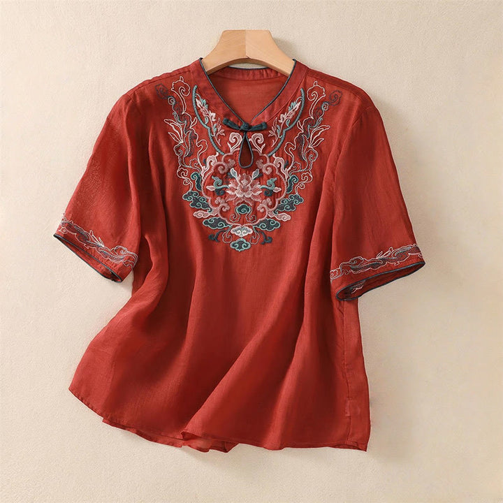 Camisa de lino y algodón para mujer, manga corta, informal, con bordado retro de Buddha Stones y diseño de botones de rana - Ladrillo refractario - US12, UK/AU16, EU44 (4XL) - image 17