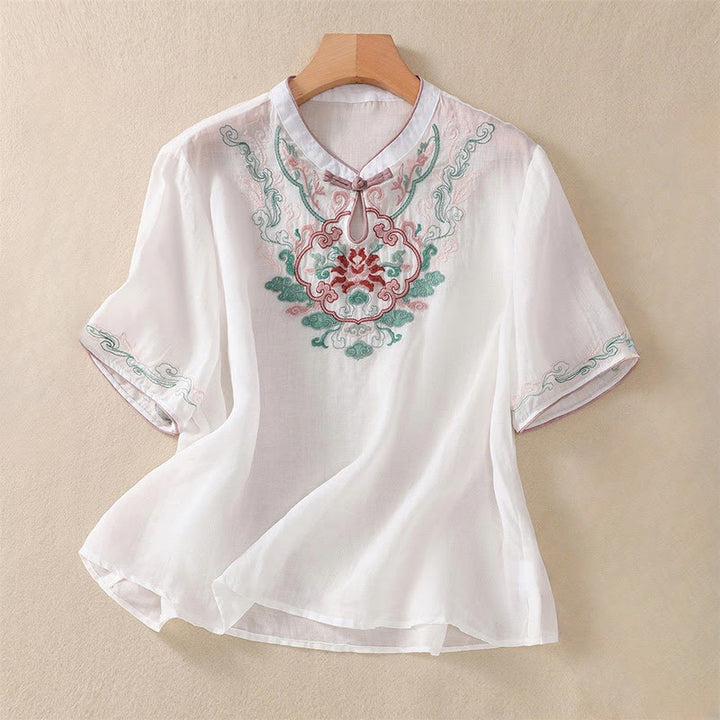 Camisa de lino y algodón para mujer, manga corta, informal, con bordado retro de Buddha Stones y diseño de botones de rana - Blanco - US12, UK/AU16, EU44 (4XL) - image 12