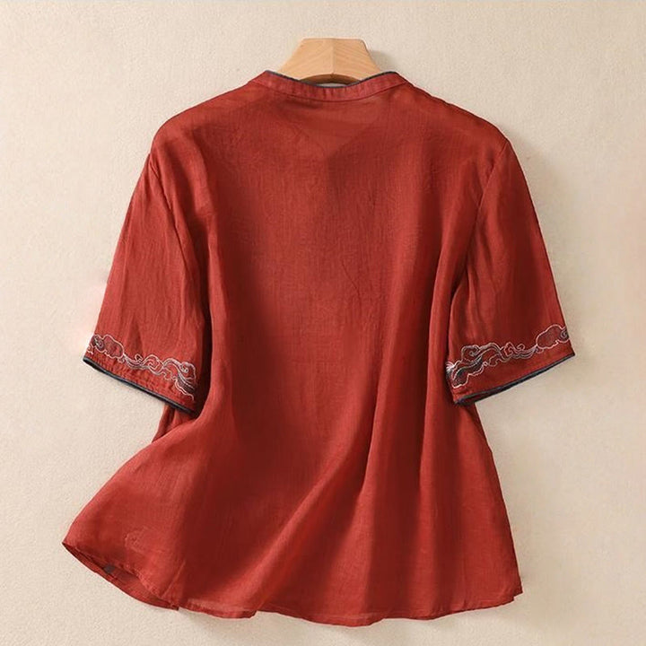 Camisa de lino y algodón para mujer, manga corta, informal, con bordado retro de Buddha Stones y diseño de botones de rana - image 18