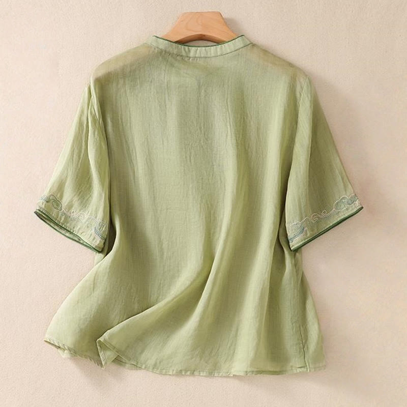Camisa de lino y algodón para mujer, manga corta, informal, con bordado retro de Buddha Stones y diseño de botones de rana - image 3