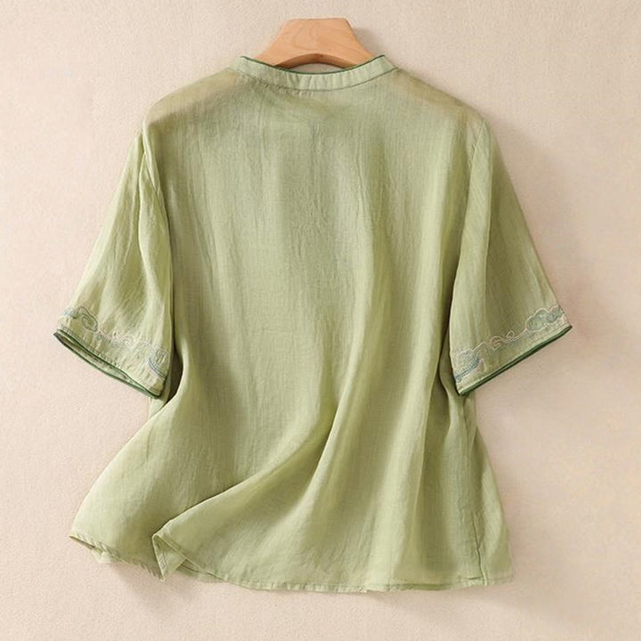 Camisa de lino y algodón para mujer, manga corta, informal, con bordado retro de Buddha Stones y diseño de botones de rana - image 3