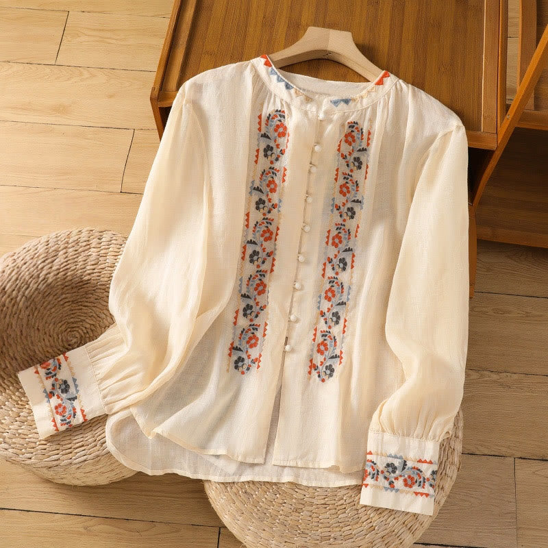 Camisa de lino y algodón para mujer, manga larga tipo farol, con bordado vintage de Buddha Stones, tapeta de una sola fila y botones múltiples - Beige - US8-10，UK/AU12-14，EU40-42 (2XL) - image 0