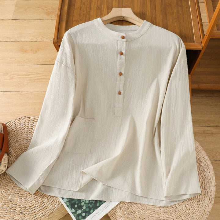 Camisa de lino y algodón de media manga con bolsillo para mujer, diseño sencillo, informal, de verano, con medio botón, de color puro - Amarillo claro - US12, UK/AU16, EU44 (2XL) - image 0