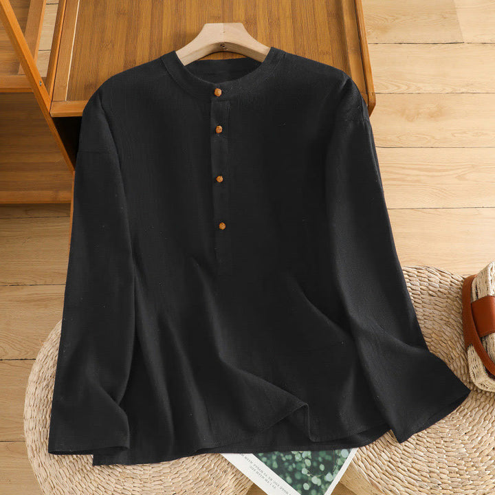 Camisa de lino y algodón de media manga con bolsillo para mujer, diseño sencillo, informal, de verano, con medio botón, de color puro - image 13