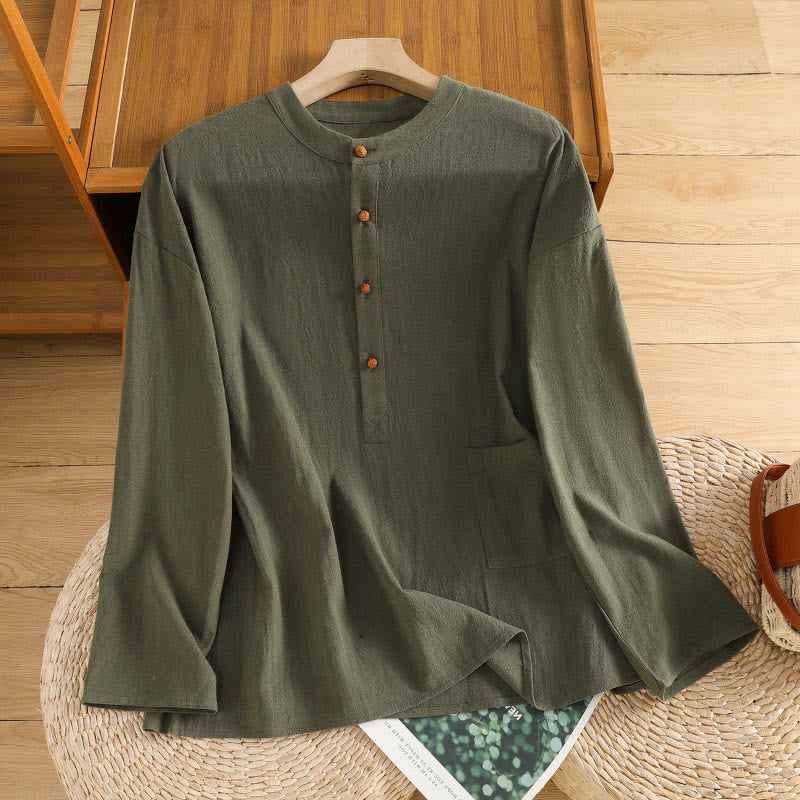 Camisa de lino y algodón de media manga con bolsillo para mujer, diseño sencillo, informal, de verano, con medio botón, de color puro - image 7