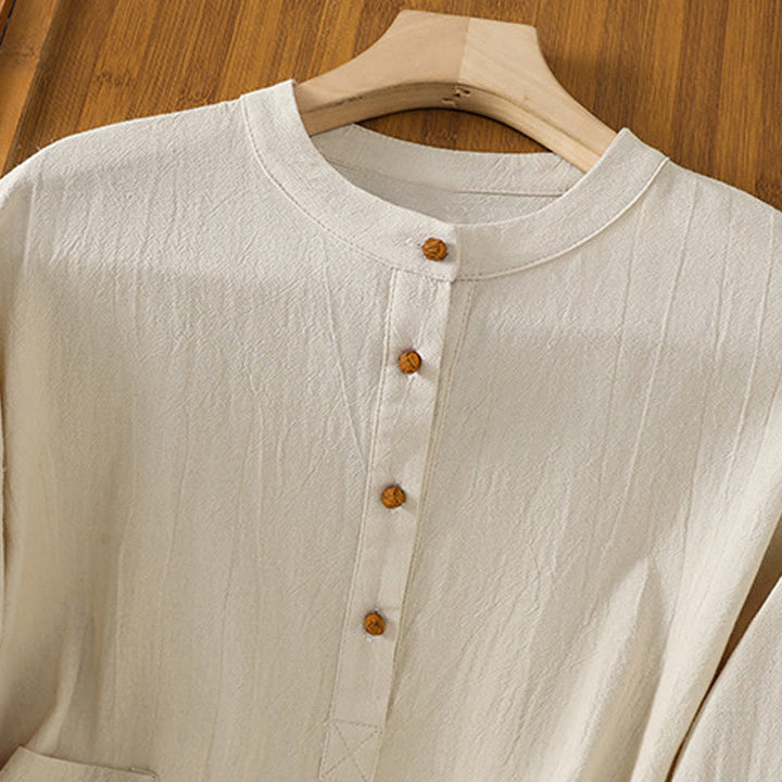 Camisa de lino y algodón de media manga con bolsillo para mujer, diseño sencillo, informal, de verano, con medio botón, de color puro - image 1