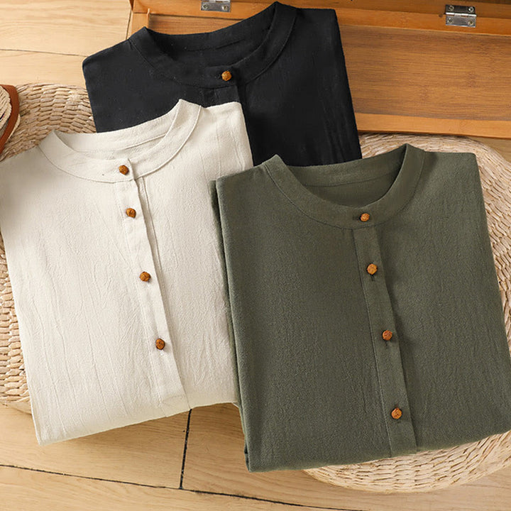 Camisa de lino y algodón de media manga con bolsillo para mujer, diseño sencillo, informal, de verano, con medio botón, de color puro - image 20