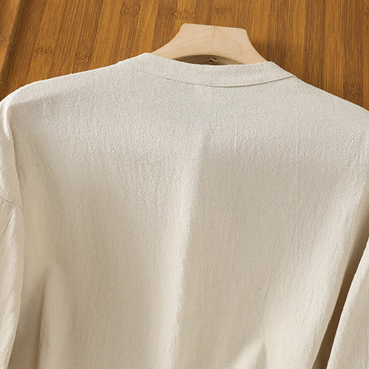 Camisa de lino y algodón de media manga con bolsillo para mujer, diseño sencillo, informal, de verano, con medio botón, de color puro - image 2