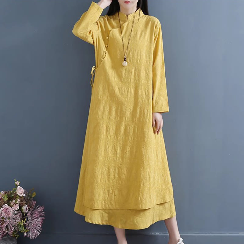Vestido midi informal de lino y algodón con cordones laterales, diseño de botones de rana y estampado de Buddha Stones para primavera - image 4