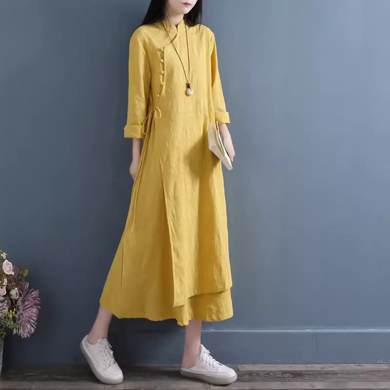Vestido midi informal de lino y algodón con cordones laterales, diseño de botones de rana y estampado de Buddha Stones para primavera - Oro - US8-10，UK/AU12-14，EU40-42 (2XL) - image 3