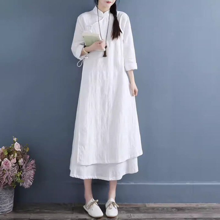 Vestido midi casual de primavera con Buddha Stones, diseño liso con botones de rana y cordones laterales. - image 2