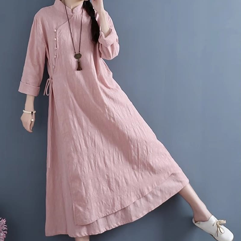 Vestido midi casual de primavera con Buddha Stones, diseño liso con botones de rana y cordones laterales. - image 16