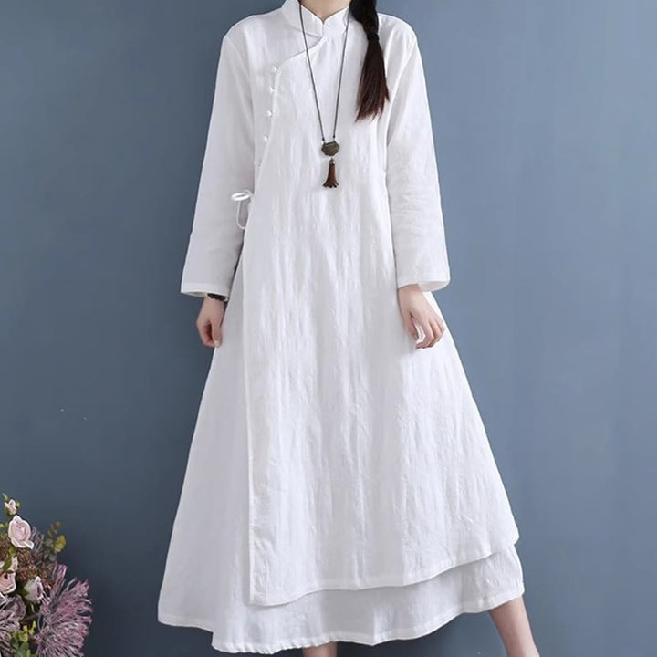 Vestido midi informal de lino y algodón con cordones laterales, diseño de botones de rana y estampado de Buddha Stones para primavera - Blanco - US8-10，UK/AU12-14，EU40-42 (2XL) - image 0
