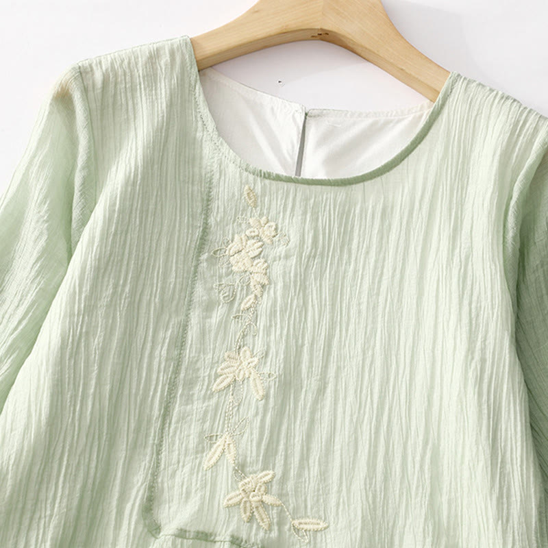 Vestido midi informal de verano con bordado liso y doble capa de algodón y lino de manga corta con Buddha Stones - image 1