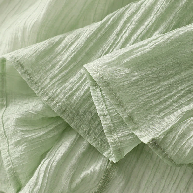 Vestido midi informal de verano con bordado liso y doble capa de algodón y lino de manga corta con Buddha Stones - image 6