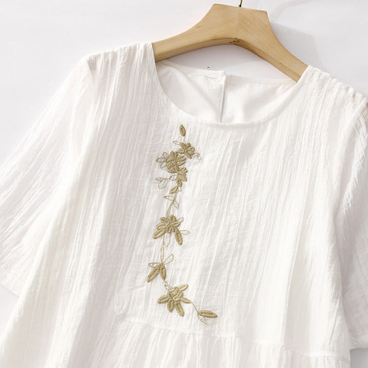 Vestido midi informal de verano con bordado liso y doble capa de algodón y lino de manga corta con Buddha Stones - image 22