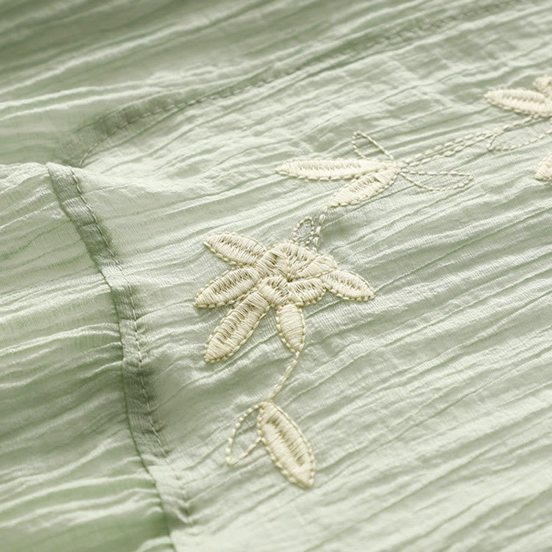 Vestido midi informal de verano con bordado liso y doble capa de algodón y lino de manga corta con Buddha Stones - image 2