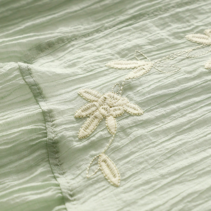 Vestido midi informal de verano con bordado liso y doble capa de algodón y lino de manga corta con Buddha Stones - image 2